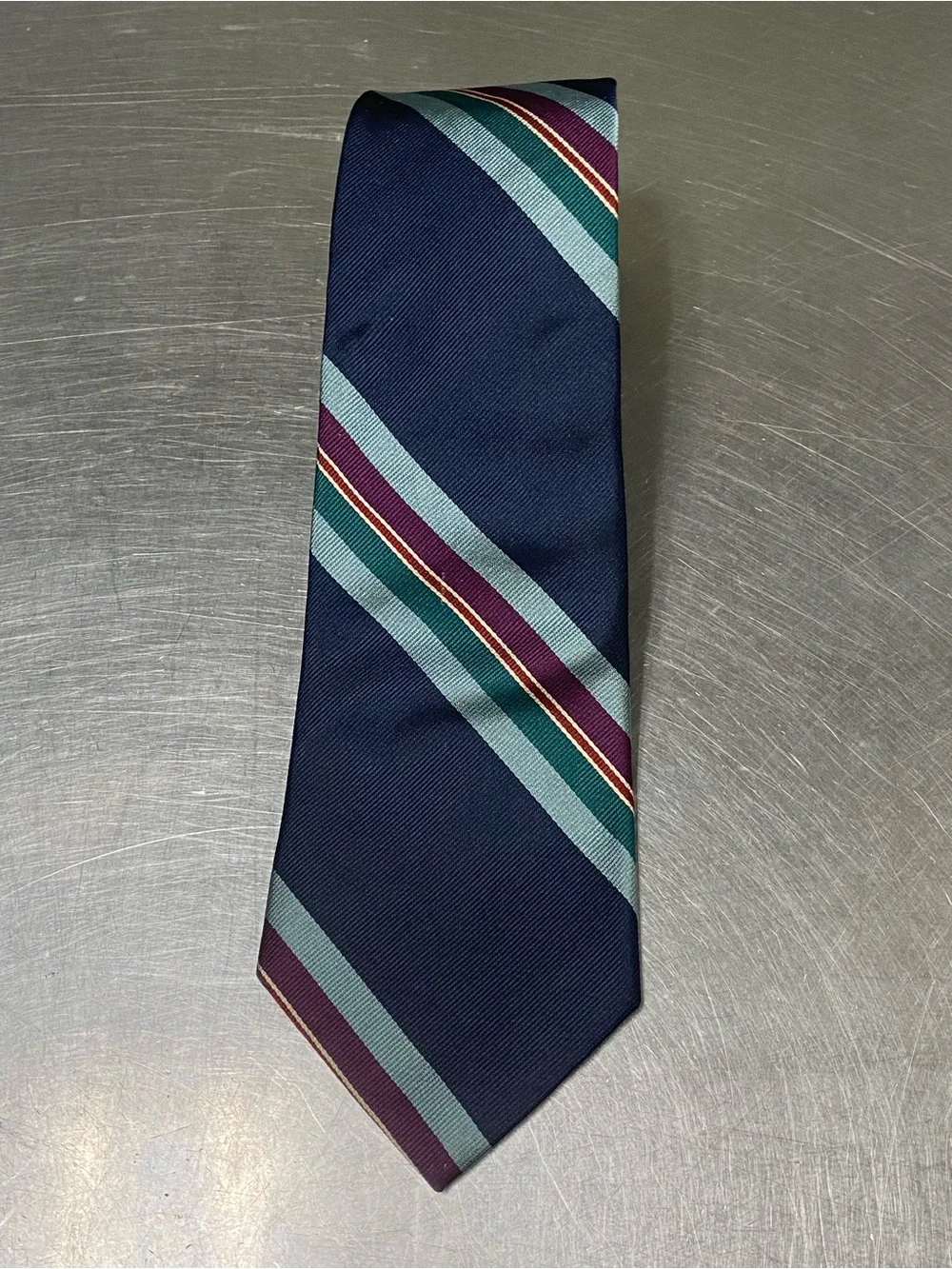 Navy Striped Men's Silk Tie with Green and Burgundy Bands
